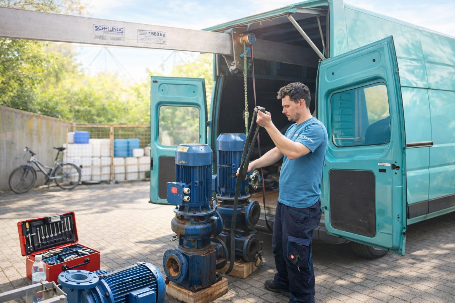 Pumpen werden vom Servicewagen abgeladen